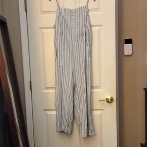 Old white and blue striped linen button front romper